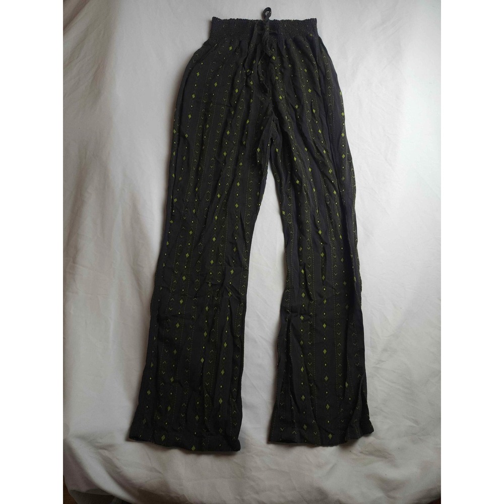 Signature Studio Womens Small Black Green Geometric Print Rayon Wide Leg Pants